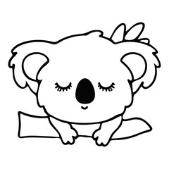 A charming black and white illustration of a sleeping koala perched on a branch with closed eyes