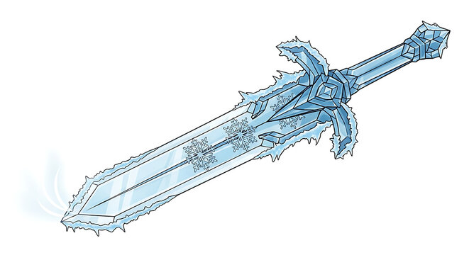 Illustration of an intricately designed ice sword with snowflakes and sharp edges