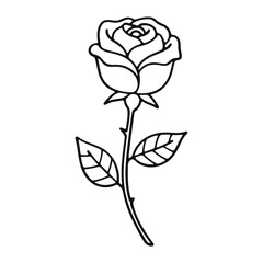 A simple line drawing of a rose with a stem and leaves in black and white for coloring book pages
