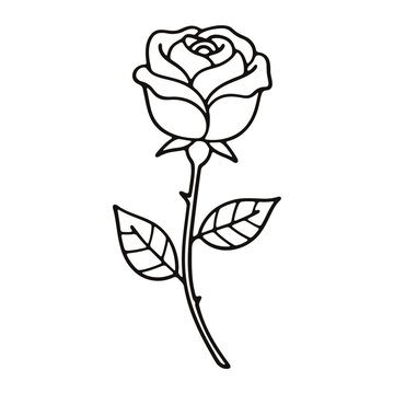 A simple line drawing of a rose with a stem and leaves in black and white for coloring book pages