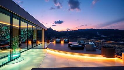 Obraz premium Futuristic luxury house terrace with smart glass, geometric patterns, and ambient tech glow