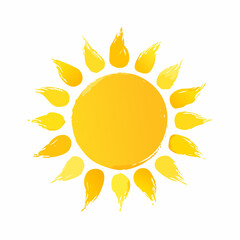Brush sun. Stamp rough with yellow watercolor sun. Paint round shape. Vector summer badge background.