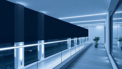 Obraz premium Futuristic minimalist terrace, LED strips, glass railing, gray-blue tones, night scene, 3D rendering