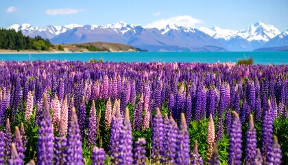 Vibrant lupin field with snow-capped mountains a stunning picturesque landscape