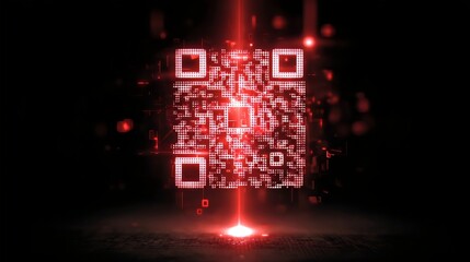 A vibrant and futuristic red QR code glowing against a dark backdrop, radiating light effects.