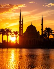 Naklejka premium Silhouette mosque sunset over water