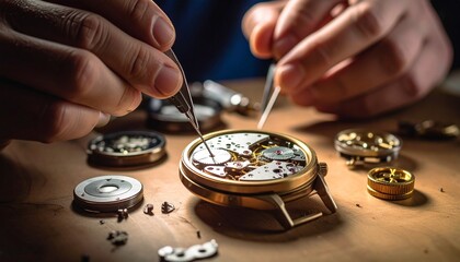 A watchmaker carefully repairs the intricate mechanism of a mechanical watch using precision tweezers.