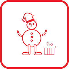 This festive vector icon features a red outline snowman with a Santa hat and gift, perfect for holiday designs. In a minimalist outline style,Great for Christmas cards and winter promotions, it offers