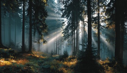 Fototapeta premium Ethereal misty forest with tall trees and sun rays shining through the fog at sunrise, tranquil nature landscape with soft light and atmospheric mood in the early morning woodland scenery