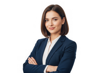 Confident young businesswoman in a suit standing with arms crossed isolated on transparent background looking at camera