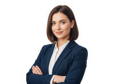 Confident young businesswoman in a suit standing with arms crossed isolated on transparent background looking at camera