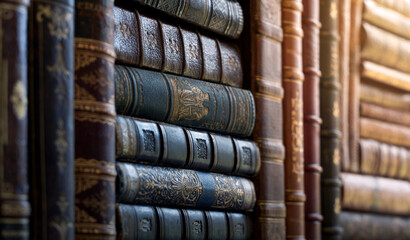 Old books on wooden shelf. Many of beautiful retro book covers, skins. Bookshelf history theme grunge background. Concept on the theme of history, age, retro.