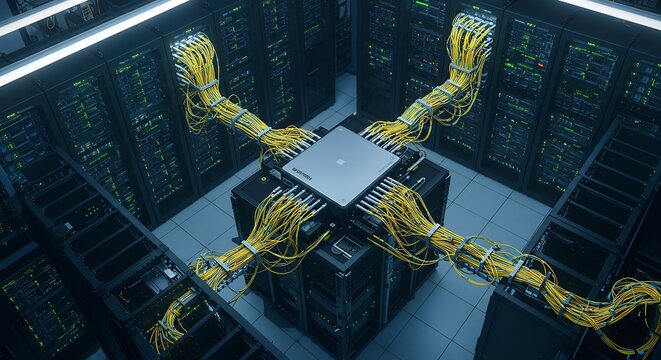 未来都市の輝くデータセンター、複雑なネットワークが繋がる