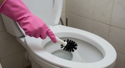 清潔なトイレ掃除、ピンクの手袋で丁寧に磨き上げる