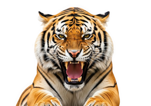 A closeup of a tigers face with its mouth open and teeth bared, isolated on a transparent background