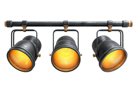 Industrial-style spotlights mounted on a dark metal pipe.  Three warm-orange spotlights hang from a dark gray metal beam.  Brass accents are visible on the brackets