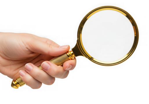 Hand holding a magnifying glass for inspection and research providing a closer look at details and enhancing clarity for analysis isolated on transparent background