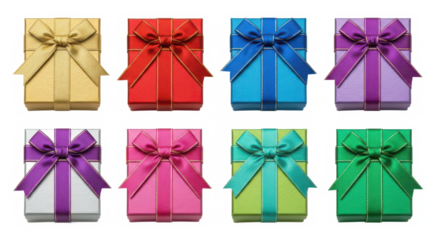Eight colorful gift boxes with satin bows and ribbons in assorted vibrant shades including yellow red blue purple pink green isolated on transparent background