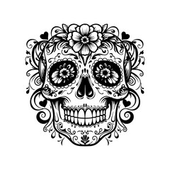  Skull Of The Dead Vector Illustration Design.Mexican Floral  Skull Vector illustration ,flowers, vine, leaves.Ornate floral skull design  white intricate and symmetrical details.