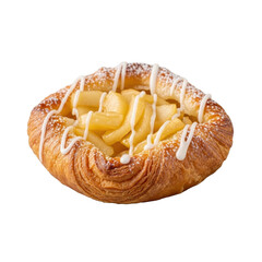 Perfectly baked mini apple Danish with golden, flaky pastry, caramelized apples, and powdered sugar, isolated on transparent, high key studio lighting, appetizing culinary art concept