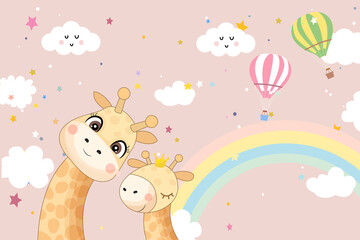 background 3d kids baby born cute little giraffe with colourfull rainbow and hot air balloon, smiley cloud and stars © patlov