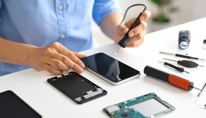 Fototapeta premium A technician carefully repairs a disassembled smartphone on a white desk, surrounded by precision tools and components.