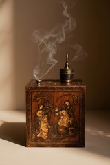 "Luxury presentation box containing: miniature copper samovar, saffron packets, and silk bookmark with Illuminated manuscript designs"