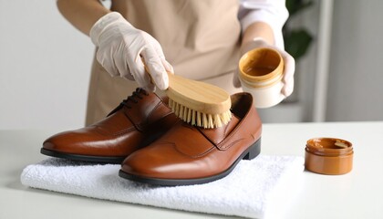 A person wearing gloves carefully polishes a pair of brown leather dress shoes with a brush and wax.