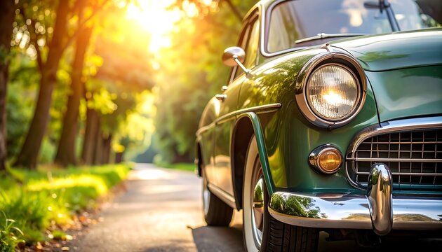 Vintage charm: A classic car basks in golden sunlight on a serene country road