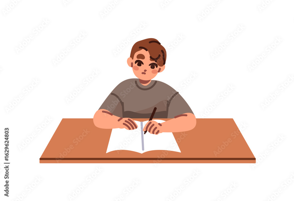 Aufkleber kid sits at the desk and writes notes in notebook. child at the table does homework with textbook. l