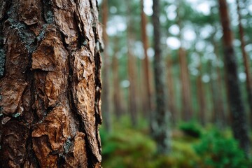 Close-up of a pine tree trunk, blurred forest background