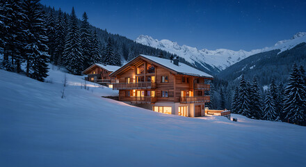 Fototapeta premium Cozy winter chalet in snowy mountains at night with pine trees and starry sky for holiday vacation getaway