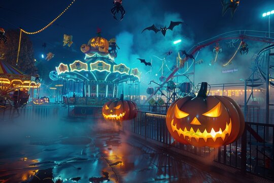 Halloween night at amusement park illuminated by glowing pumpkins and festive lights amidst eerie fog creating spooky and magical atmosphere