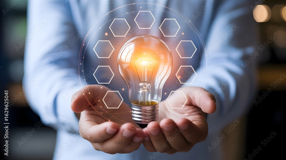 Poster person holding a glowing light bulb with a network of hexagonal shapes and digital connections symbo