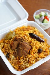 Street Vendor-style Biryani Served Disposable Box Salad
