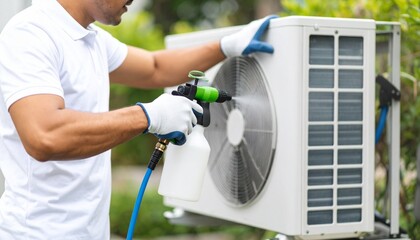 A technician in gloves cleans an outdoor air conditioner condenser unit with a pressure sprayer.