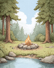 Serene Forest Scene with Campfire by a Creek