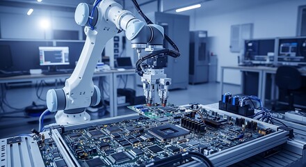 Robotic arm assembling a circuit board in a modern facility.