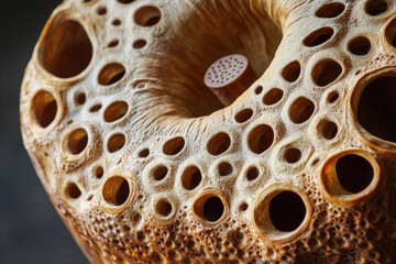Close-up of a porous, light brown object with numerous holes, possibly a dried lotus seed pod or similar natural material.