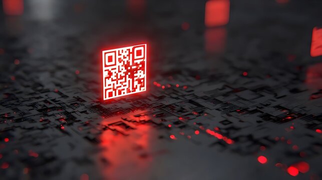 A vibrant red QR code stands out against a complex digital backdrop, symbolizing innovation and technology. - Powered by Adobe