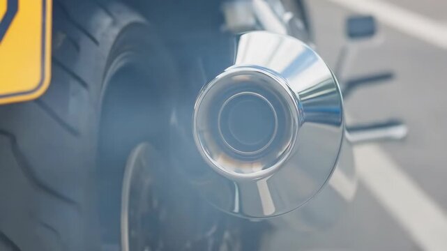 Shiny chrome motorcycle exhaust pipe emitting smoke and fumes after the powerful engine starts