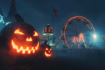 Two glowing jackolanterns at spooky halloween carnival night with brightly lit ferris wheel and misty ambiance creating festive autumn atmosphere