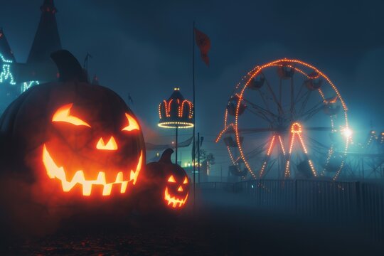 Two glowing jackolanterns at spooky halloween carnival night with brightly lit ferris wheel and misty ambiance creating festive autumn atmosphere