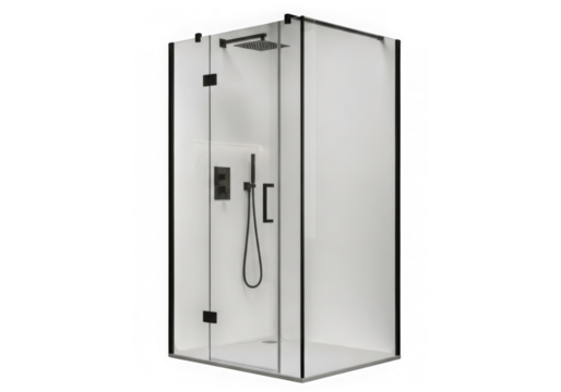 Modern shower enclosure with black trim and glass door is a stylish addition to any bathroom isolated on transparent background