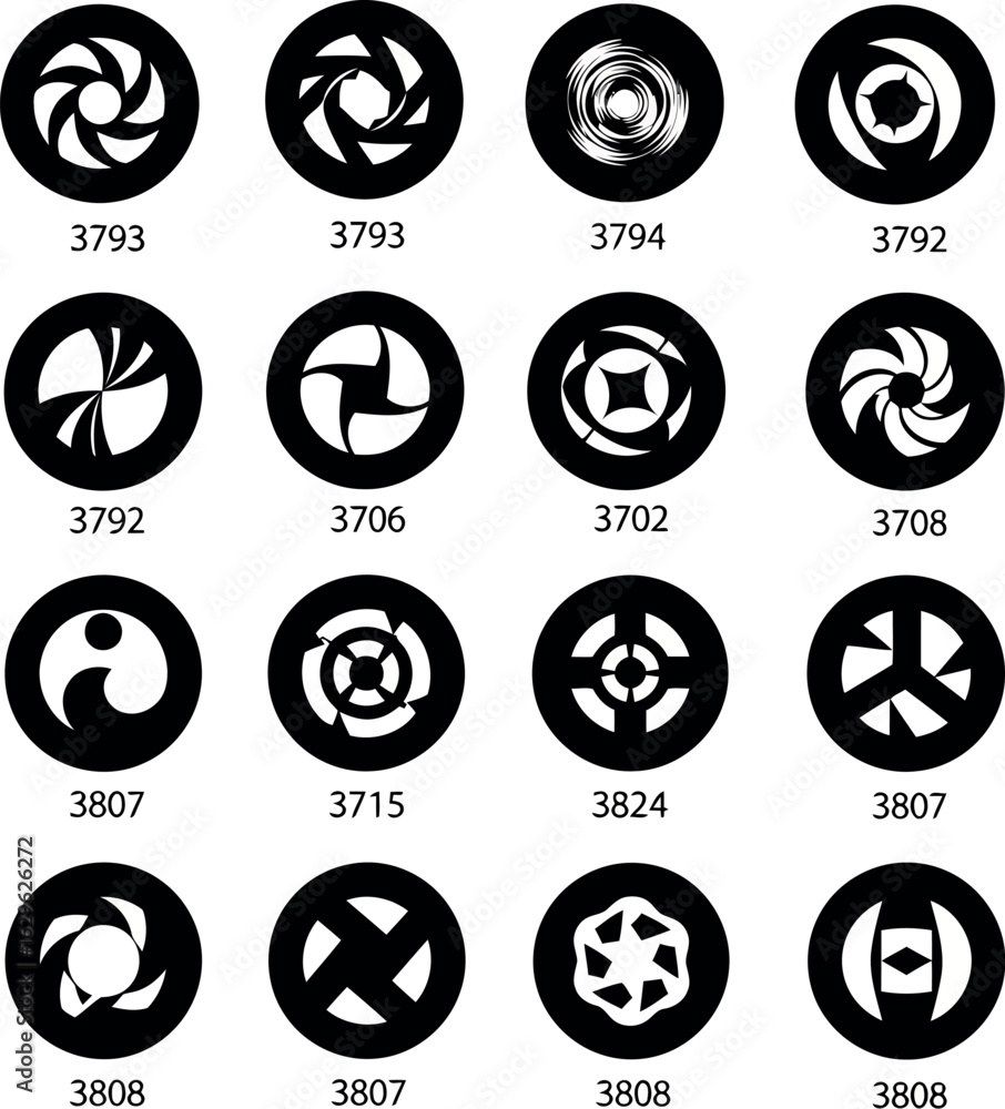 Poster vector art of collection of abstract black and white circular graphic designs and patterns with uniq