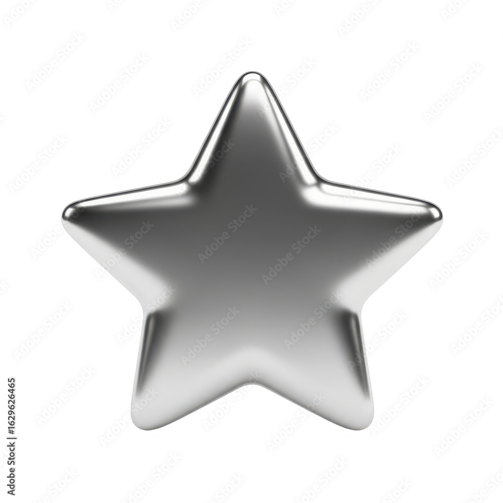 Poster a polished metallic silver star shape with a smooth reflective surface and subtle highlights isolate