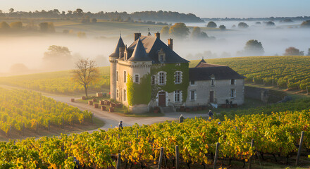 Vineyard chateau france bordeaux wine region rural landscape countryside travel tourism scenic view morning fog