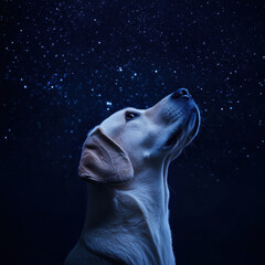 Fototapeta premium Labrador Retriever looking up at a starlit night sky, deep blue hues, peaceful and inspiring, UHD 8K 