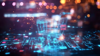 Abstract shopping cart animation, digital network background, glowing lines, online shopping, e-commerce, futuristic technology, data flow, digital transaction, cyber space - Powered by Adobe