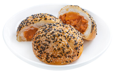 Deep-fried Chinese bun filled with BBQ pork and salted egg yolk, topped with white and red sesame seeds Asian street food snack isolated on white background PNG File.